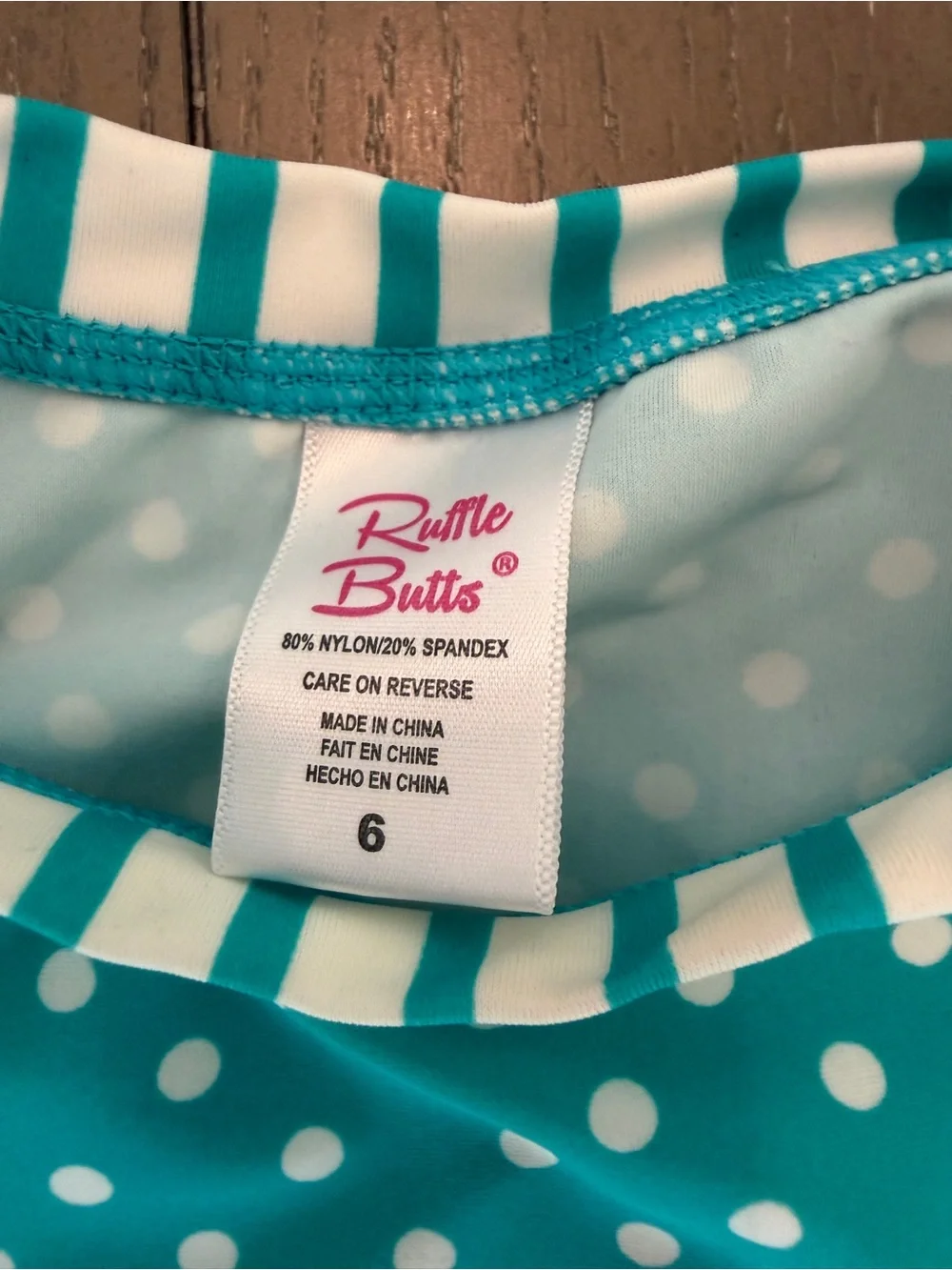 Ruffle Butts Kids Swimwear Girls Polka Dot Teal Long-Sleeve Rash Guard Size 6